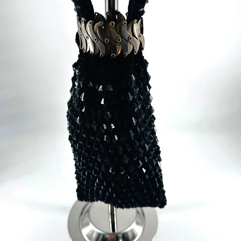 Vintage Black Beaded Evening Purse with Bike Chain Strap Accent Y2K Goth